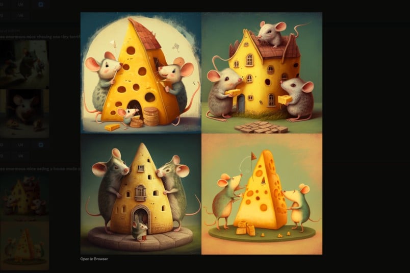 Midjourney: peynirden yapılmış evi yiyen farelerin görseli.